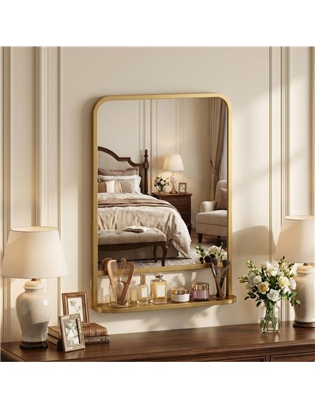 HOMCOM Modern Rectangular Wall Mirror with Storage Shelf, 70 x 50 cm, Gold Tone - pic 198233 | FastDaddyshop