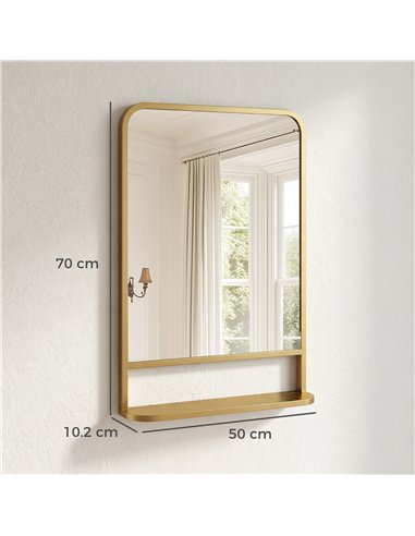HOMCOM Modern Rectangular Wall Mirror with Storage Shelf, 70 x 50 cm, Gold Tone