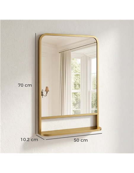 HOMCOM Modern Rectangular Wall Mirror with Storage Shelf, 70 x 50 cm, Gold Tone - pic 198234 | FastDaddyshop