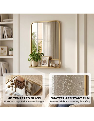 HOMCOM Modern Rectangular Wall Mirror with Storage Shelf, 70 x 50 cm, Gold Tone