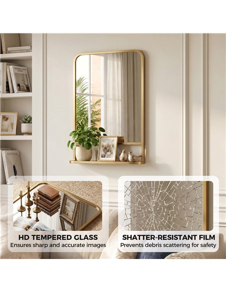 HOMCOM Modern Rectangular Wall Mirror with Storage Shelf, 70 x 50 cm, Gold Tone - pic 198235 | FastDaddyshop
