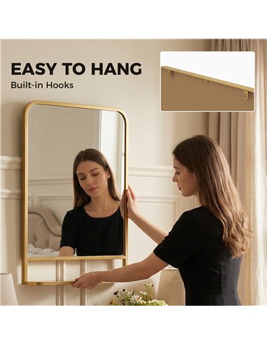 HOMCOM Modern Rectangular Wall Mirror with Storage Shelf, 70 x 50 cm, Gold Tone