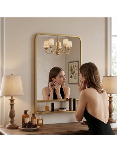 HOMCOM Modern Rectangular Wall Mirror with Storage Shelf, 70 x 50 cm, Gold Tone
