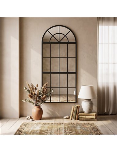 HOMCOM Large Arched Wall Mirror with Metal Grid, 3-Piece Split Window Mirrors, 120 x 54 cm, Black