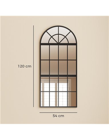 HOMCOM Large Arched Wall Mirror with Metal Grid, 3-Piece Split Window Mirrors, 120 x 54 cm, Black