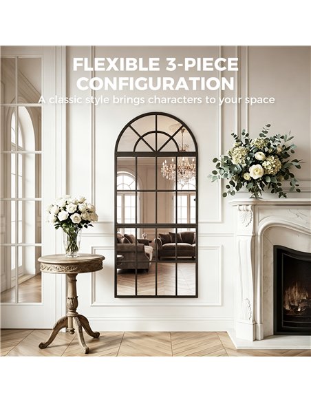 HOMCOM Large Arched Wall Mirror with Metal Grid, 3-Piece Split Window Mirrors, 120 x 54 cm, Black - pic 198290 | FastDaddyshop