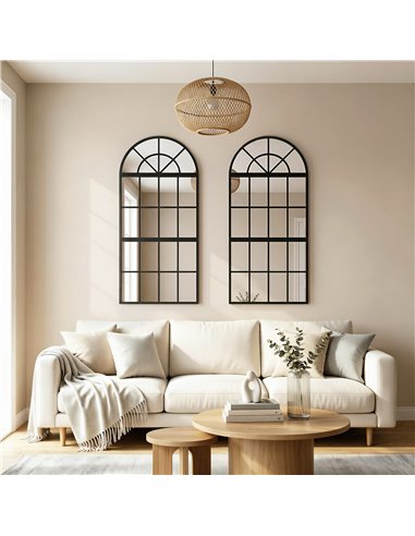 HOMCOM Large Arched Wall Mirror with Metal Grid, 3-Piece Split Window Mirrors, 120 x 54 cm, Black