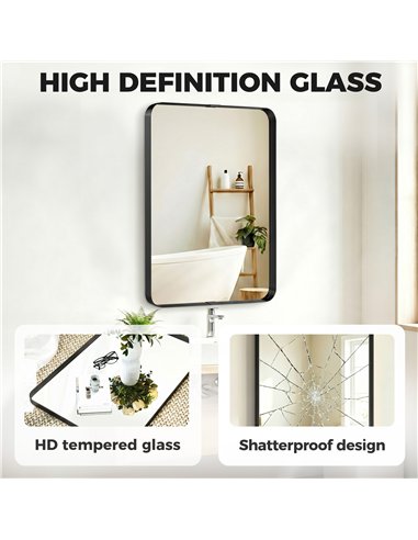 HOMCOM Rectangular Wall Mirror, 90 x 60 cm Wall Mounted Bathroom Mirror with Aluminium Alloy Frame and Tempered Glass, Black