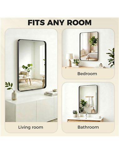 HOMCOM Rectangular Wall Mirror, 90 x 60 cm Wall Mounted Bathroom Mirror with Aluminium Alloy Frame and Tempered Glass, Black