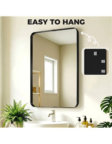 HOMCOM Rectangular Wall Mirror, 90 x 60 cm Wall Mounted Bathroom Mirror with Aluminium Alloy Frame and Tempered Glass, Black