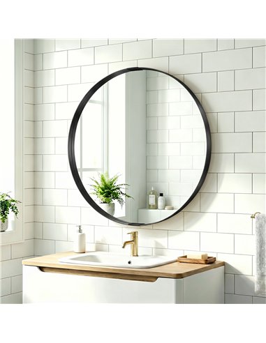HOMCOM Round Wall Mirror 61 cm, Wall Mounted Bathroom Mirror with Tempered Safety Glass and Aluminium Alloy Frame, Black