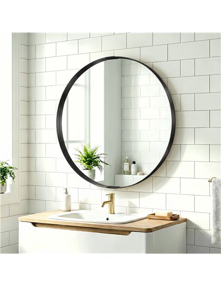 HOMCOM Round Wall Mirror 61 cm, Wall Mounted Bathroom Mirror with Tempered Safety Glass and Aluminium Alloy Frame, Black - pic 198314 | FastDaddyshop