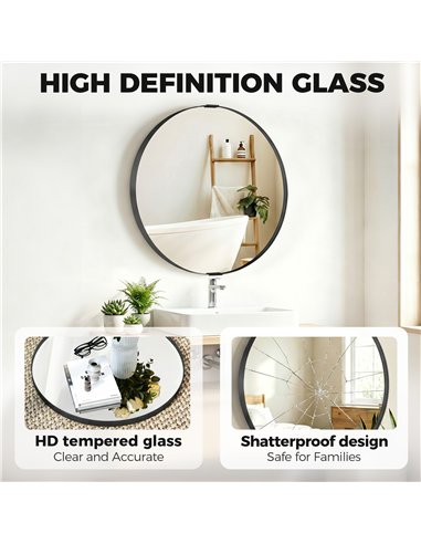 HOMCOM Round Wall Mirror 61 cm, Wall Mounted Bathroom Mirror with Tempered Safety Glass and Aluminium Alloy Frame, Black