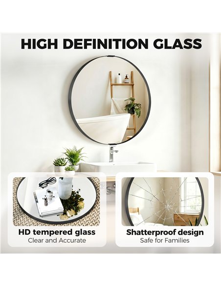 HOMCOM Round Wall Mirror 61 cm, Wall Mounted Bathroom Mirror with Tempered Safety Glass and Aluminium Alloy Frame, Black - pic 198317 | FastDaddyshop