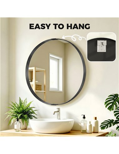 HOMCOM Round Wall Mirror 61 cm, Wall Mounted Bathroom Mirror with Tempered Safety Glass and Aluminium Alloy Frame, Black