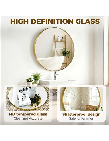 HOMCOM Round Wall Mirror 61 cm, Wall Mounted Bathroom Mirror with Tempered Safety Glass and Aluminium Alloy Frame, Gold Tone