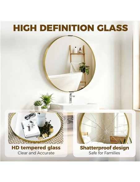 HOMCOM Round Wall Mirror 61 cm, Wall Mounted Bathroom Mirror with Tempered Safety Glass and Aluminium Alloy Frame, Gold Tone - pic 198326 | FastDaddyshop