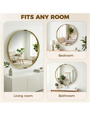 HOMCOM Round Wall Mirror 61 cm, Wall Mounted Bathroom Mirror with Tempered Safety Glass and Aluminium Alloy Frame, Gold Tone