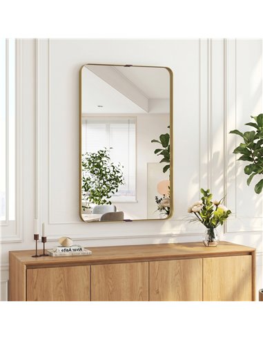 HOMCOM Rectangular Wall Mirror, 90 x 60 cm Wall Mounted Bathroom Mirror w/ Aluminium Alloy Frame and Tempered Glass, Gold Tone