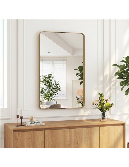 HOMCOM Rectangular Wall Mirror, 90 x 60 cm Wall Mounted Bathroom Mirror w/ Aluminium Alloy Frame and Tempered Glass, Gold Tone - pic 198332 | FastDaddyshop
