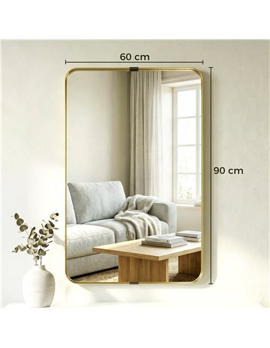 HOMCOM Rectangular Wall Mirror, 90 x 60 cm Wall Mounted Bathroom Mirror w/ Aluminium Alloy Frame and Tempered Glass, Gold Tone