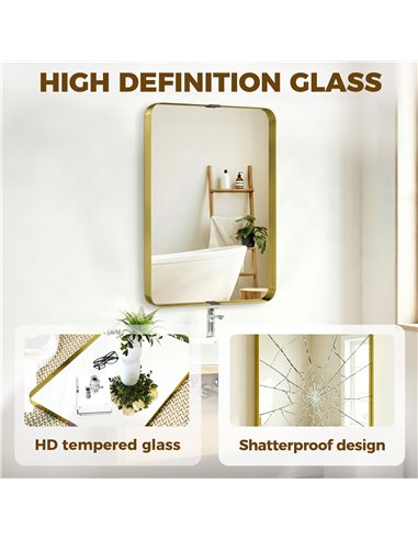 HOMCOM Rectangular Wall Mirror, 90 x 60 cm Wall Mounted Bathroom Mirror w/ Aluminium Alloy Frame and Tempered Glass, Gold Tone