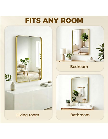 HOMCOM Rectangular Wall Mirror, 90 x 60 cm Wall Mounted Bathroom Mirror w/ Aluminium Alloy Frame and Tempered Glass, Gold Tone - pic 198336 | FastDaddyshop