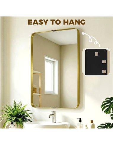 HOMCOM Rectangular Wall Mirror, 90 x 60 cm Wall Mounted Bathroom Mirror w/ Aluminium Alloy Frame and Tempered Glass, Gold Tone