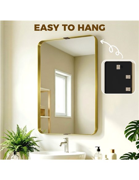 HOMCOM Rectangular Wall Mirror, 90 x 60 cm Wall Mounted Bathroom Mirror w/ Aluminium Alloy Frame and Tempered Glass, Gold Tone - pic 198337 | FastDaddyshop