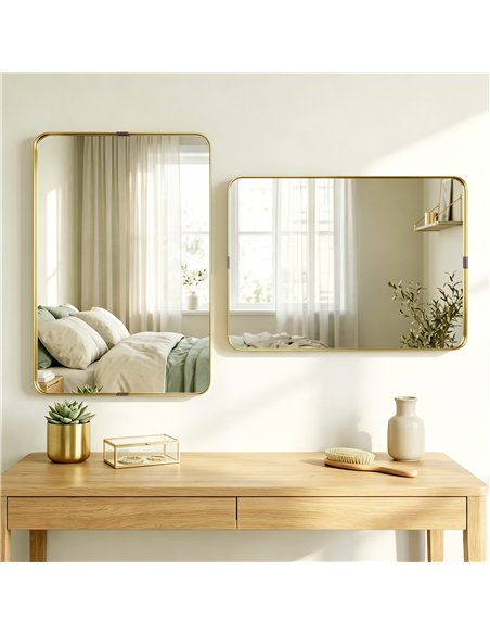 HOMCOM Rectangular Wall Mirror, 90 x 60 cm Wall Mounted Bathroom Mirror w/ Aluminium Alloy Frame and Tempered Glass, Gold Tone - pic 198338 | FastDaddyshop