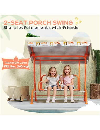 AIYAPLAY Kids Porch Swing, 2-Seater Patio Swing Bench Hammock with Seat Belts, Adjustable Canopy for Garden, Orange
