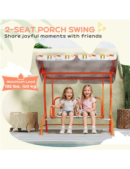 AIYAPLAY Kids Porch Swing, 2-Seater Patio Swing Bench Hammock with Seat Belts, Adjustable Canopy for Garden, Orange - pic 198344 | FastDaddyshop