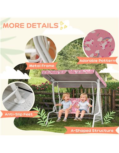 AIYAPLAY Kids Porch Swing, 2-Seater Patio Swing Bench Hammock with Seat Belts, Adjustable Canopy for Garden, Pink