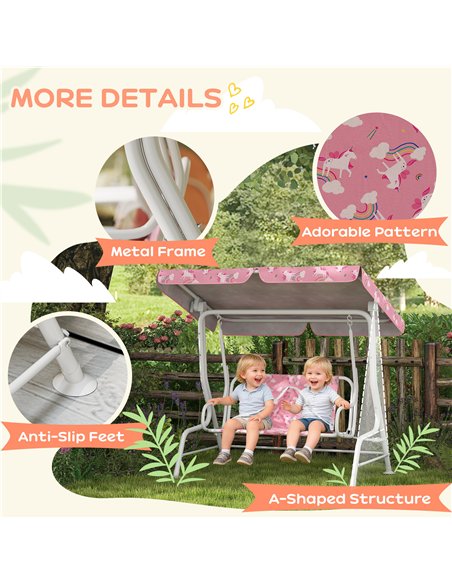 AIYAPLAY Kids Porch Swing, 2-Seater Patio Swing Bench Hammock with Seat Belts, Adjustable Canopy for Garden, Pink - pic 198354 | FastDaddyshop