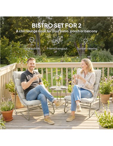 Outsunny 3 Piece Garden Bistro Set, Round Outdoor Bistro Table and Chairs Set for 2 with Texteline Seat and Cushions, Light Grey