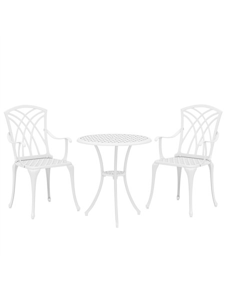 Outsunny 3 Pieces Garden Bistro Set, Cast Aluminium Outdoor Dining Set with 2 Chairs and Round Table with Parasol Hole, White - pic 198412 | FastDaddyshop