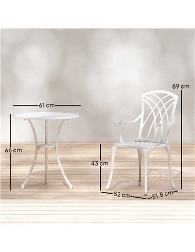 Outsunny 3 Pieces Garden Bistro Set, Cast Aluminium Outdoor Dining Set with 2 Chairs and Round Table with Parasol Hole, White