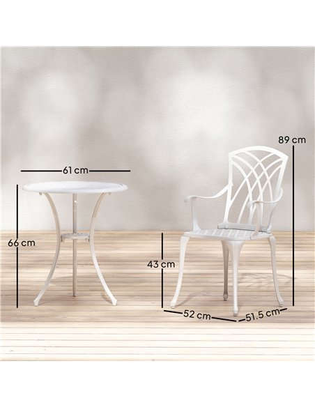 Outsunny 3 Pieces Garden Bistro Set, Cast Aluminium Outdoor Dining Set with 2 Chairs and Round Table with Parasol Hole, White - pic 198414 | FastDaddyshop