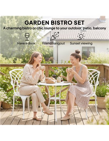 Outsunny 3 Pieces Garden Bistro Set, Cast Aluminium Outdoor Dining Set with 2 Chairs and Round Table with Parasol Hole, White