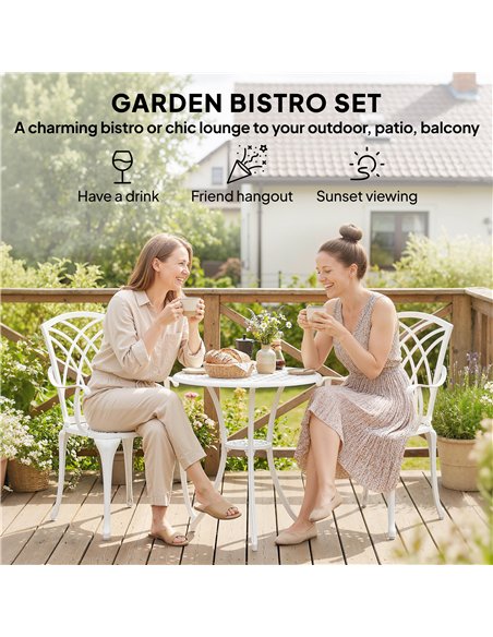 Outsunny 3 Pieces Garden Bistro Set, Cast Aluminium Outdoor Dining Set with 2 Chairs and Round Table with Parasol Hole, White - pic 198415 | FastDaddyshop