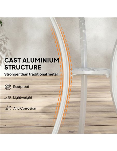 Outsunny 3 Pieces Garden Bistro Set, Cast Aluminium Outdoor Dining Set with 2 Chairs and Round Table with Parasol Hole, White - pic 198416 | FastDaddyshop
