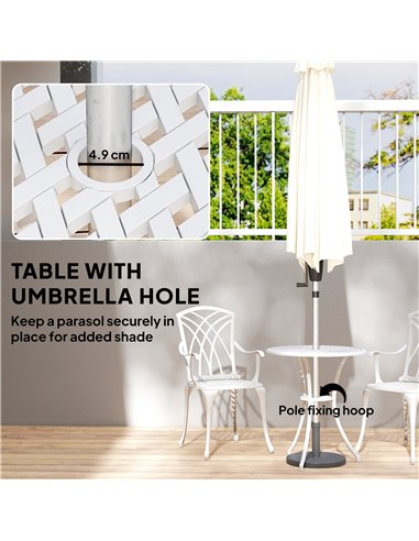 Outsunny 3 Pieces Garden Bistro Set, Cast Aluminium Outdoor Dining Set with 2 Chairs and Round Table with Parasol Hole, White