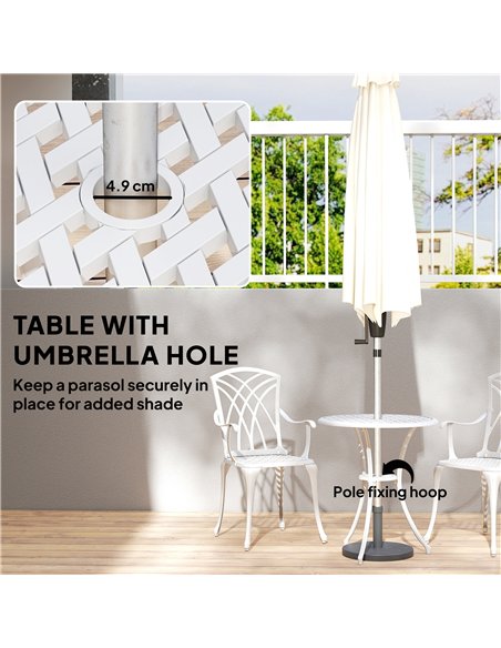 Outsunny 3 Pieces Garden Bistro Set, Cast Aluminium Outdoor Dining Set with 2 Chairs and Round Table with Parasol Hole, White - pic 198417 | FastDaddyshop