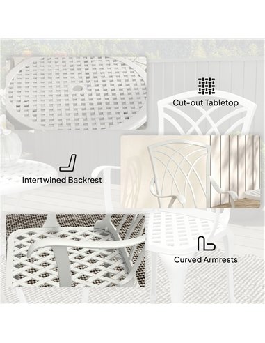 Outsunny 3 Pieces Garden Bistro Set, Cast Aluminium Outdoor Dining Set with 2 Chairs and Round Table with Parasol Hole, White