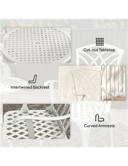 Outsunny 3 Pieces Garden Bistro Set, Cast Aluminium Outdoor Dining Set with 2 Chairs and Round Table with Parasol Hole, White - pic 198419 | FastDaddyshop