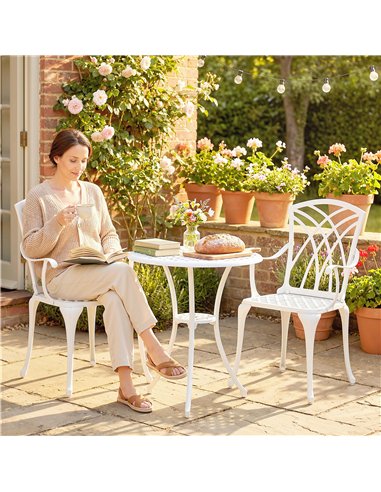 Outsunny 3 Pieces Garden Bistro Set, Cast Aluminium Outdoor Dining Set with 2 Chairs and Round Table with Parasol Hole, White