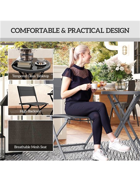 Outsunny 3 Pieces Outdoor Bistro Set, Glass Top Outdoor Table and 2 Folding Chairs with Protecting Feet, Black - pic 198444 | FastDaddyshop
