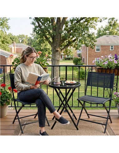 Outsunny 3 Pieces Outdoor Bistro Set, Glass Top Outdoor Table and 2 Folding Chairs with Protecting Feet, Black