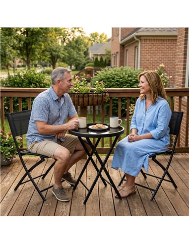 Outsunny 3 Pieces Outdoor Bistro Set, Glass Top Outdoor Table and 2 Folding Chairs with Protecting Feet, Black