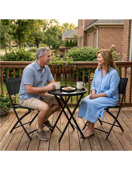 Outsunny 3 Pieces Outdoor Bistro Set, Glass Top Outdoor Table and 2 Folding Chairs with Protecting Feet, Black - pic 198447 | FastDaddyshop